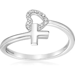 Lavari Jewelers 1/20 Carat Natural Diamond Heart and Side Cross Purity Ring for Women in 925 Sterling Silver (H-I, I2-I3, 0.05 cttw) Engagement Wedding Promise Band Ring Size 5 to 9