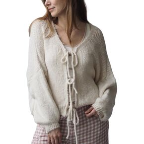 Women Y2k Tie Front Knitted Cardigan Sweater Long Sleeve Open Front Oversized Cardigan Knitwear Tops Streetwear