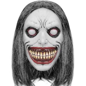 Creepy Smiling Demon Mask Costume Halloween Scary Evil Mask with Grey Hair Horror Ghost Mask Cosplay Prop for Adults