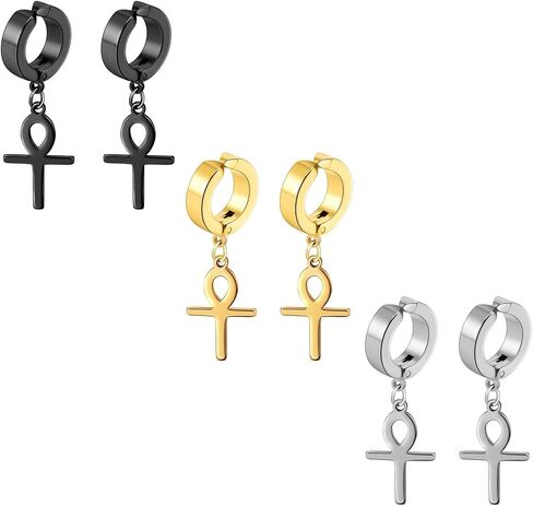Clip On Ankh Cross Dangle Hinged Non-Piercing Hoop Earrings for Men Women, Stainless Steel Egyptian Earrings Jewelry in Kuwait