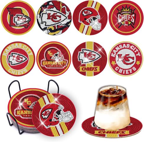 YOKUSHI 8 PCS Football Diamond Art Painting Coasters Kit for Adults Kids Supplies, Rugby Craft DIY Coaster Kits with Holder Cork Base (Red) in Saudi Arabia