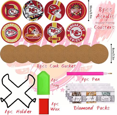 YOKUSHI 8 PCS Football Diamond Art Painting Coasters Kit for Adults Kids Supplies, Rugby Craft DIY Coaster Kits with Holder Cork Base (Red) in Saudi Arabia