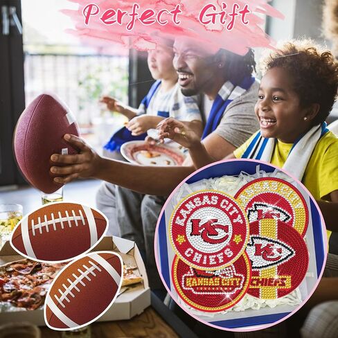 YOKUSHI 8 PCS Football Diamond Art Painting Coasters Kit for Adults Kids Supplies, Rugby Craft DIY Coaster Kits with Holder Cork Base (Red) in Saudi Arabia