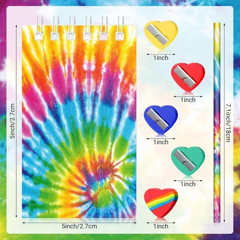 Capoda 96 Pcs Tie Dye Party Favors Set Included Mini Tie Dye Notebooks Pencils Heart Rainbow Eraser Pencil Sharpener for Kids Tie Dye Birthday Party Gifts School Class Reward Prizes (Vibrant) in Saudi Arabia