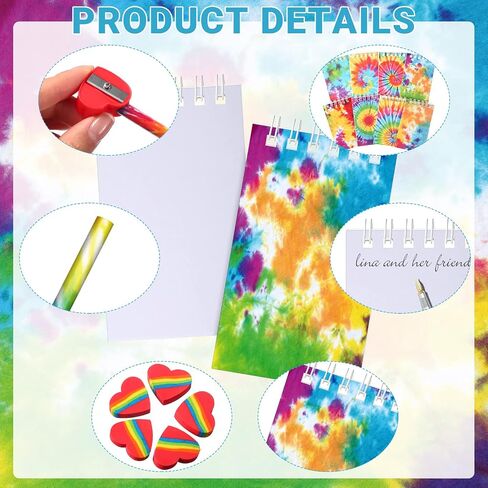 Capoda 96 Pcs Tie Dye Party Favors Set Included Mini Tie Dye Notebooks Pencils Heart Rainbow Eraser Pencil Sharpener for Kids Tie Dye Birthday Party Gifts School Class Reward Prizes (Vibrant) in Saudi Arabia