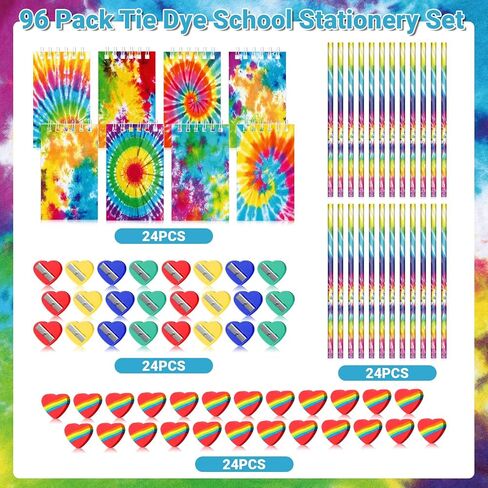 Capoda 96 Pcs Tie Dye Party Favors Set Included Mini Tie Dye Notebooks Pencils Heart Rainbow Eraser Pencil Sharpener for Kids Tie Dye Birthday Party Gifts School Class Reward Prizes (Vibrant) in Saudi Arabia