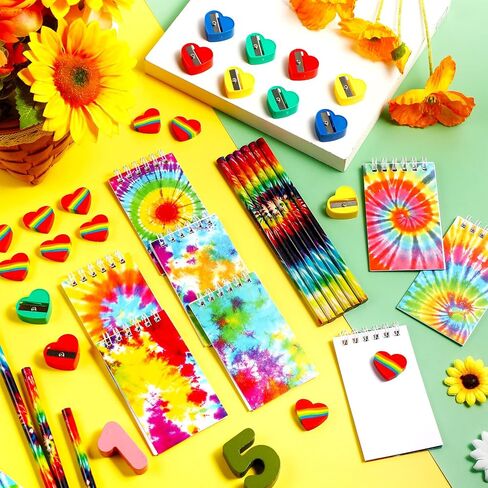 Capoda 96 Pcs Tie Dye Party Favors Set Included Mini Tie Dye Notebooks Pencils Heart Rainbow Eraser Pencil Sharpener for Kids Tie Dye Birthday Party Gifts School Class Reward Prizes (Vibrant) in Saudi Arabia