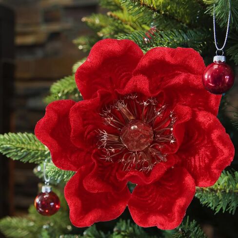Ivydale 10PCS Artificial Velvet White Magnolia Stems Floral Picks, Christmas Glitter Flowers Poinsettia Ornaments for Xmas Tree New Year Party Home Wedding Office Wreath Decor in Saudi Arabia