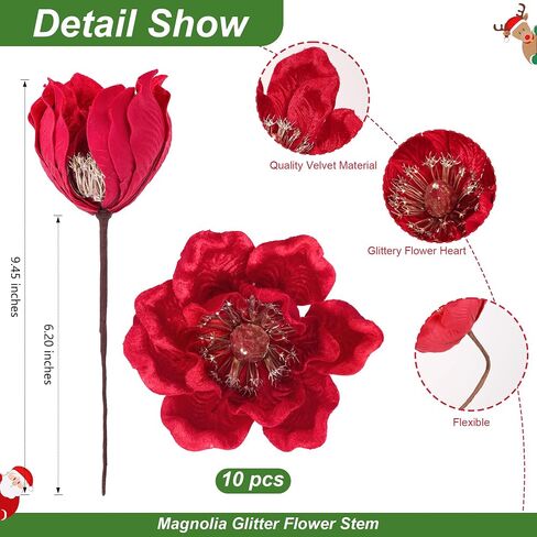 Ivydale 10PCS Artificial Velvet White Magnolia Stems Floral Picks, Christmas Glitter Flowers Poinsettia Ornaments for Xmas Tree New Year Party Home Wedding Office Wreath Decor in Saudi Arabia