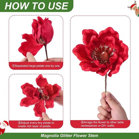 Ivydale 10PCS Artificial Velvet White Magnolia Stems Floral Picks, Christmas Glitter Flowers Poinsettia Ornaments for Xmas Tree New Year Party Home Wedding Office Wreath Decor in Saudi Arabia