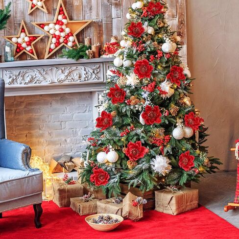 Ivydale 10PCS Artificial Velvet White Magnolia Stems Floral Picks, Christmas Glitter Flowers Poinsettia Ornaments for Xmas Tree New Year Party Home Wedding Office Wreath Decor in Saudi Arabia