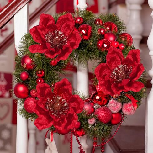 Ivydale 10PCS Artificial Velvet White Magnolia Stems Floral Picks, Christmas Glitter Flowers Poinsettia Ornaments for Xmas Tree New Year Party Home Wedding Office Wreath Decor in Saudi Arabia