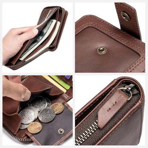 Genuine Leather Wallet for Men RFID Blocking Credit Card Wallet with Zipper ID Window Coin Pocket, Coffee in Saudi Arabia
