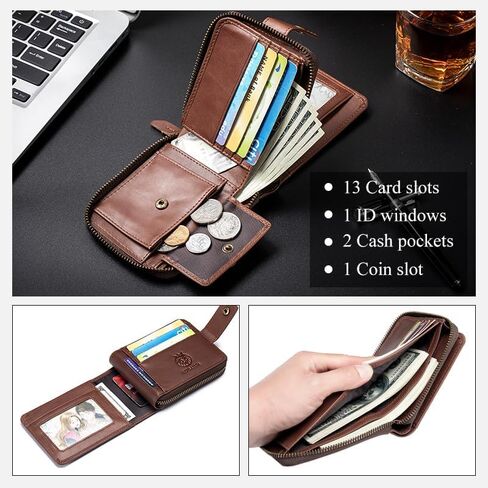 Genuine Leather Wallet for Men RFID Blocking Credit Card Wallet with Zipper ID Window Coin Pocket, Coffee in Saudi Arabia