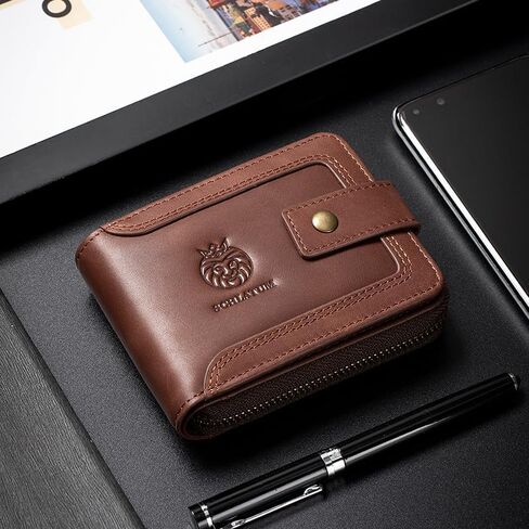 Genuine Leather Wallet for Men RFID Blocking Credit Card Wallet with Zipper ID Window Coin Pocket, Coffee in Saudi Arabia