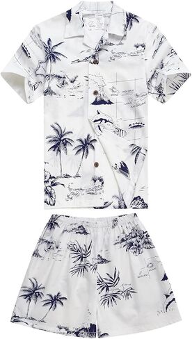 Boy Hawaiian Aloha Luau Shirt and Shorts 2 Piece Cabana Set in White Map and Surfer 6 in Kuwait
