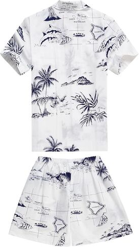 Boy Hawaiian Aloha Luau Shirt and Shorts 2 Piece Cabana Set in White Map and Surfer 6 in Kuwait