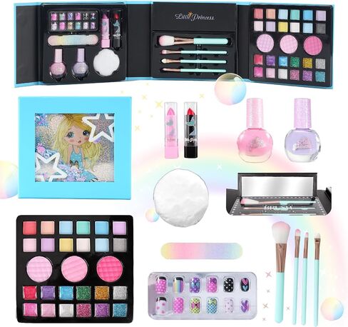 Kids Play Makeup Set for Girls, Real Washable Girls Toy Makeup Set for Kids with Mirror, Non Toxic Fold Out Play Make Up Kits for Little Girls Age 5 6 7 8 9 10 11 12 Years Old (Blue) in Saudi Arabia