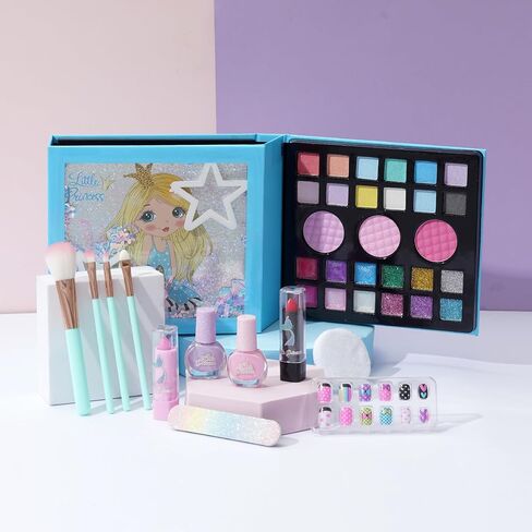 Kids Play Makeup Set for Girls, Real Washable Girls Toy Makeup Set for Kids with Mirror, Non Toxic Fold Out Play Make Up Kits for Little Girls Age 5 6 7 8 9 10 11 12 Years Old (Blue) in Saudi Arabia