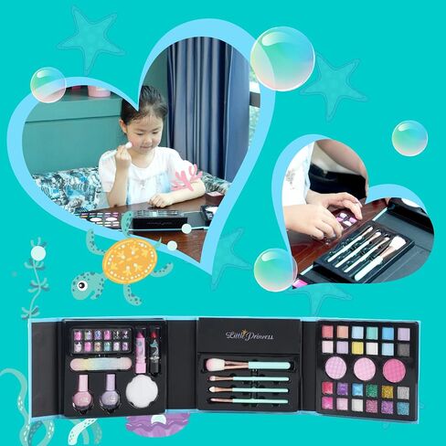 Kids Play Makeup Set for Girls, Real Washable Girls Toy Makeup Set for Kids with Mirror, Non Toxic Fold Out Play Make Up Kits for Little Girls Age 5 6 7 8 9 10 11 12 Years Old (Blue) in Saudi Arabia
