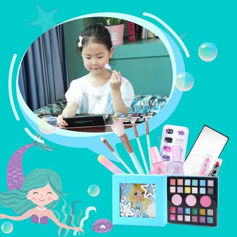 Kids Play Makeup Set for Girls, Real Washable Girls Toy Makeup Set for Kids with Mirror, Non Toxic Fold Out Play Make Up Kits for Little Girls Age 5 6 7 8 9 10 11 12 Years Old (Blue) in Saudi Arabia