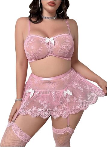 SHENHE Women's Plus Size 5 Piece Lingerie Lace Sheer Mesh Bra Thong Skirt Garter and Stockings Set in Saudi Arabia