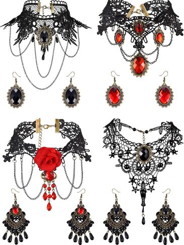 Hicarer 8 Pcs/Set Halloween Women Lady Lace Choker Necklace Earring Elegant Gothic Black Neck Chain Collar Statement Choker Victorian Steampunk Jewelry Pendant Vampire Chain for Wedding Cosplay Party in Saudi Arabia