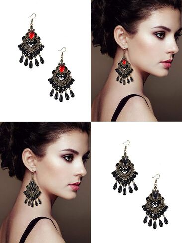 Hicarer 8 Pcs/Set Halloween Women Lady Lace Choker Necklace Earring Elegant Gothic Black Neck Chain Collar Statement Choker Victorian Steampunk Jewelry Pendant Vampire Chain for Wedding Cosplay Party in Saudi Arabia