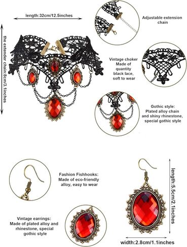 Hicarer 8 Pcs/Set Halloween Women Lady Lace Choker Necklace Earring Elegant Gothic Black Neck Chain Collar Statement Choker Victorian Steampunk Jewelry Pendant Vampire Chain for Wedding Cosplay Party in Saudi Arabia