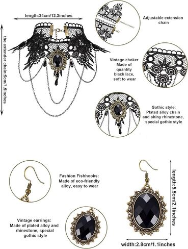 Hicarer 8 Pcs/Set Halloween Women Lady Lace Choker Necklace Earring Elegant Gothic Black Neck Chain Collar Statement Choker Victorian Steampunk Jewelry Pendant Vampire Chain for Wedding Cosplay Party in Saudi Arabia