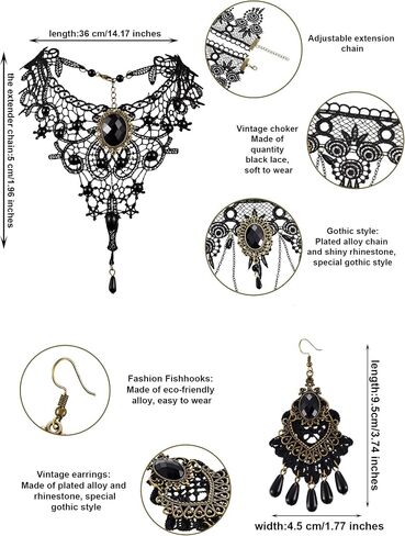 Hicarer 8 Pcs/Set Halloween Women Lady Lace Choker Necklace Earring Elegant Gothic Black Neck Chain Collar Statement Choker Victorian Steampunk Jewelry Pendant Vampire Chain for Wedding Cosplay Party in Saudi Arabia