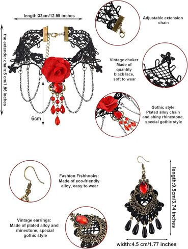 Hicarer 8 Pcs/Set Halloween Women Lady Lace Choker Necklace Earring Elegant Gothic Black Neck Chain Collar Statement Choker Victorian Steampunk Jewelry Pendant Vampire Chain for Wedding Cosplay Party in Saudi Arabia