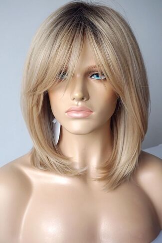 Wigs for white women blonde bob wig medium length wigs for women Sandy blonde with dark roots Synthetic wig for white Women (Sandy bob) in Kuwait
