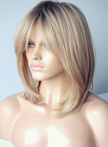 Wigs for white women blonde bob wig medium length wigs for women Sandy blonde with dark roots Synthetic wig for white Women (Sandy bob) in Kuwait