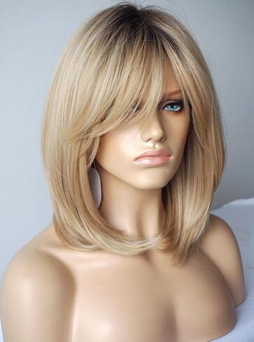 Wigs for white women blonde bob wig medium length wigs for women Sandy blonde with dark roots Synthetic wig for white Women (Sandy bob) in Kuwait