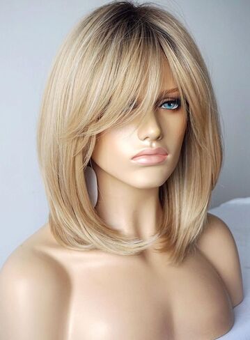 Wigs for white women blonde bob wig medium length wigs for women Sandy blonde with dark roots Synthetic wig for white Women (Sandy bob) in Kuwait