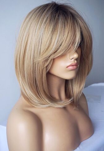 Wigs for white women blonde bob wig medium length wigs for women Sandy blonde with dark roots Synthetic wig for white Women (Sandy bob) in Kuwait