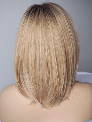 Wigs for white women blonde bob wig medium length wigs for women Sandy blonde with dark roots Synthetic wig for white Women (Sandy bob) in Kuwait