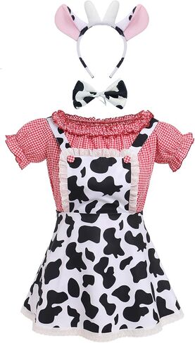 IBAKOM Women Cow Print Halloween Dress with Headpiece Bow Tie Red Plaid Puffy Sleeve Suspender Milk Maid Overall Dress in Kuwait
