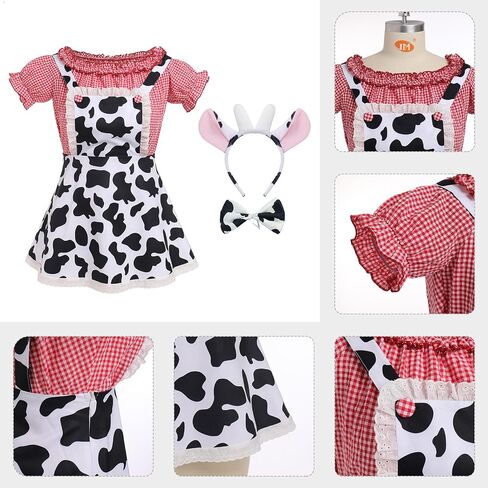 IBAKOM Women Cow Print Halloween Dress with Headpiece Bow Tie Red Plaid Puffy Sleeve Suspender Milk Maid Overall Dress in Kuwait