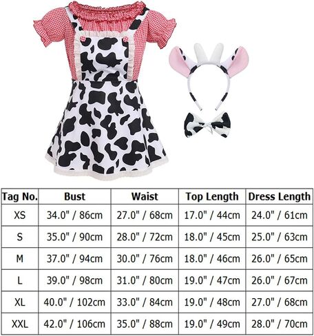 IBAKOM Women Cow Print Halloween Dress with Headpiece Bow Tie Red Plaid Puffy Sleeve Suspender Milk Maid Overall Dress in Kuwait