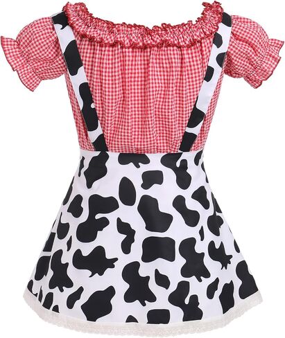 IBAKOM Women Cow Print Halloween Dress with Headpiece Bow Tie Red Plaid Puffy Sleeve Suspender Milk Maid Overall Dress in Kuwait