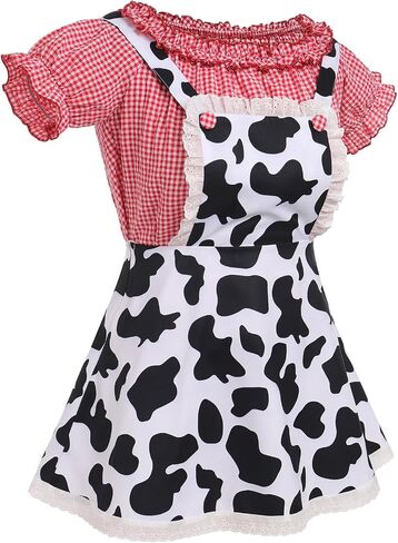 IBAKOM Women Cow Print Halloween Dress with Headpiece Bow Tie Red Plaid Puffy Sleeve Suspender Milk Maid Overall Dress in Kuwait