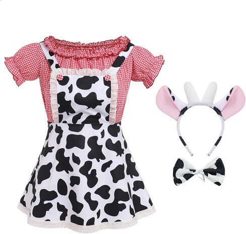 IBAKOM Women Cow Print Halloween Dress with Headpiece Bow Tie Red Plaid Puffy Sleeve Suspender Milk Maid Overall Dress in Kuwait