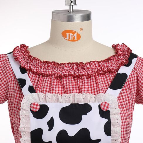 IBAKOM Women Cow Print Halloween Dress with Headpiece Bow Tie Red Plaid Puffy Sleeve Suspender Milk Maid Overall Dress in Kuwait