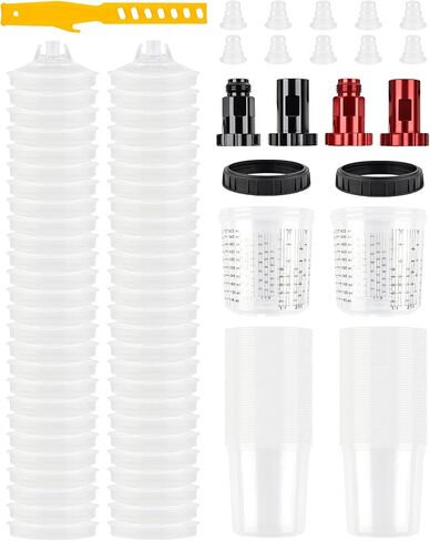 YUZES Disposable Paint Mixing Cups System 20 Ounce (600ml) - 50Pack Paint Cups with Lids, 2 Hard Cups with Retainer Ring, 10 Plugs, 4 Spray Gun Cup Adapters Paint Stirrer - for Automotive Paint Gun in Saudi Arabia