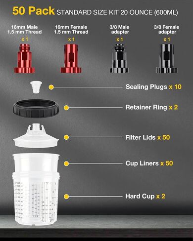 YUZES Disposable Paint Mixing Cups System 20 Ounce (600ml) - 50Pack Paint Cups with Lids, 2 Hard Cups with Retainer Ring, 10 Plugs, 4 Spray Gun Cup Adapters Paint Stirrer - for Automotive Paint Gun in Saudi Arabia