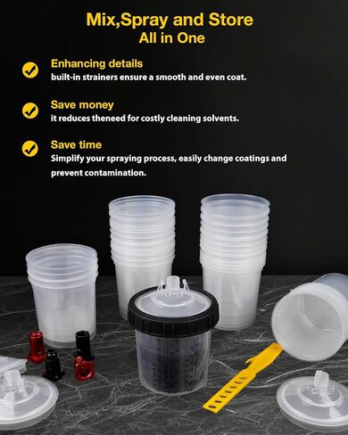 YUZES Disposable Paint Mixing Cups System 20 Ounce (600ml) - 50Pack Paint Cups with Lids, 2 Hard Cups with Retainer Ring, 10 Plugs, 4 Spray Gun Cup Adapters Paint Stirrer - for Automotive Paint Gun in Saudi Arabia