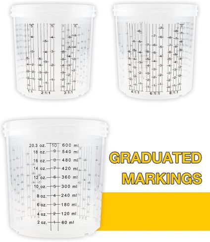 YUZES Disposable Paint Mixing Cups System 20 Ounce (600ml) - 50Pack Paint Cups with Lids, 2 Hard Cups with Retainer Ring, 10 Plugs, 4 Spray Gun Cup Adapters Paint Stirrer - for Automotive Paint Gun in Saudi Arabia