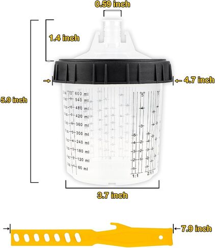 YUZES Disposable Paint Mixing Cups System 20 Ounce (600ml) - 50Pack Paint Cups with Lids, 2 Hard Cups with Retainer Ring, 10 Plugs, 4 Spray Gun Cup Adapters Paint Stirrer - for Automotive Paint Gun in Saudi Arabia
